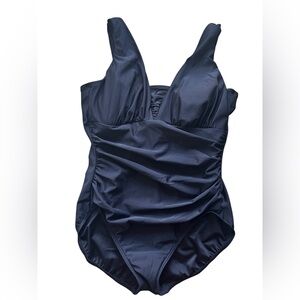 Lands’ End One Piece V-Neck Black Swimsuit Modest Size 18